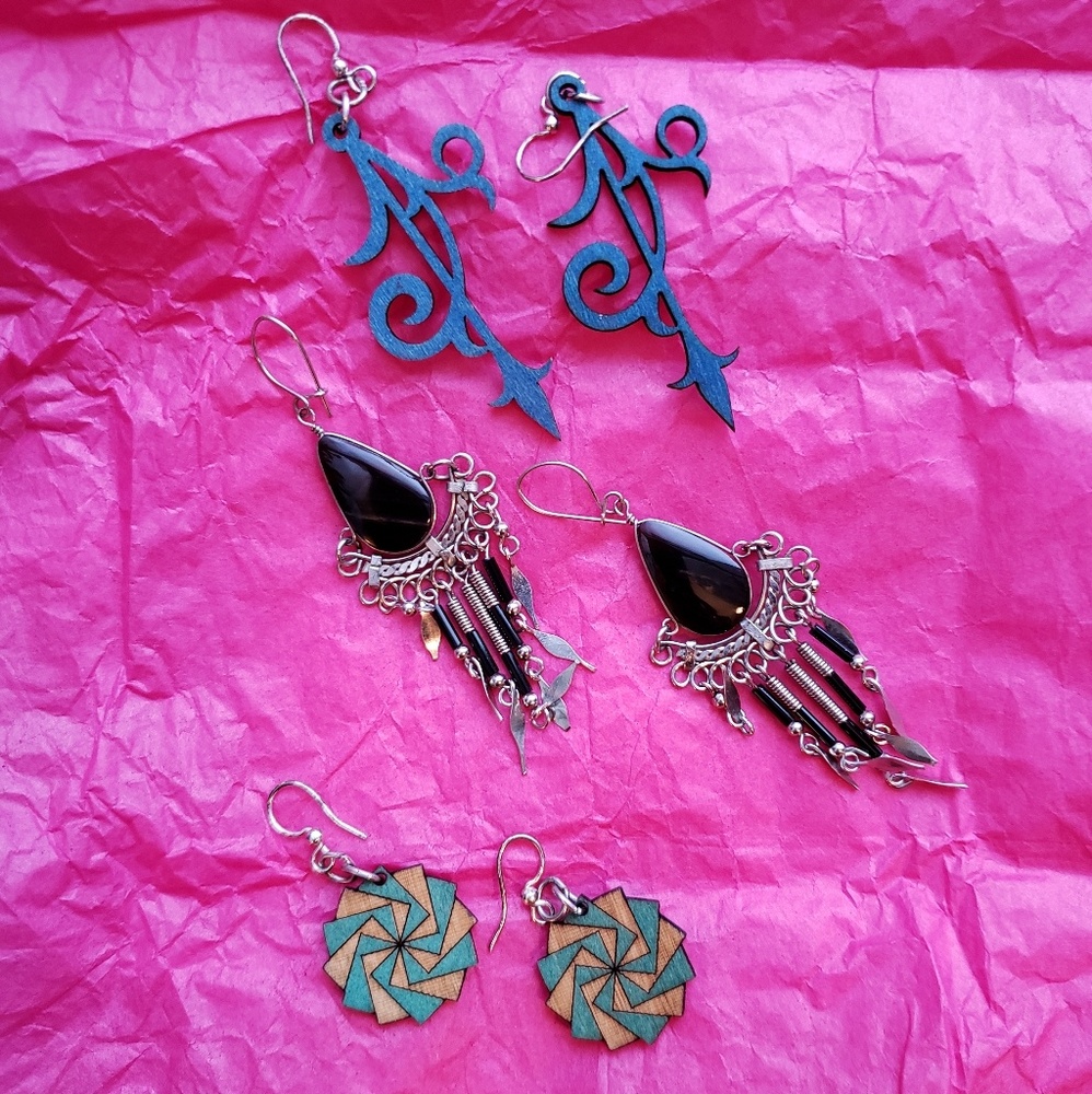 Earrings 3 Pairs! Wood, gemstone, beads, geometric